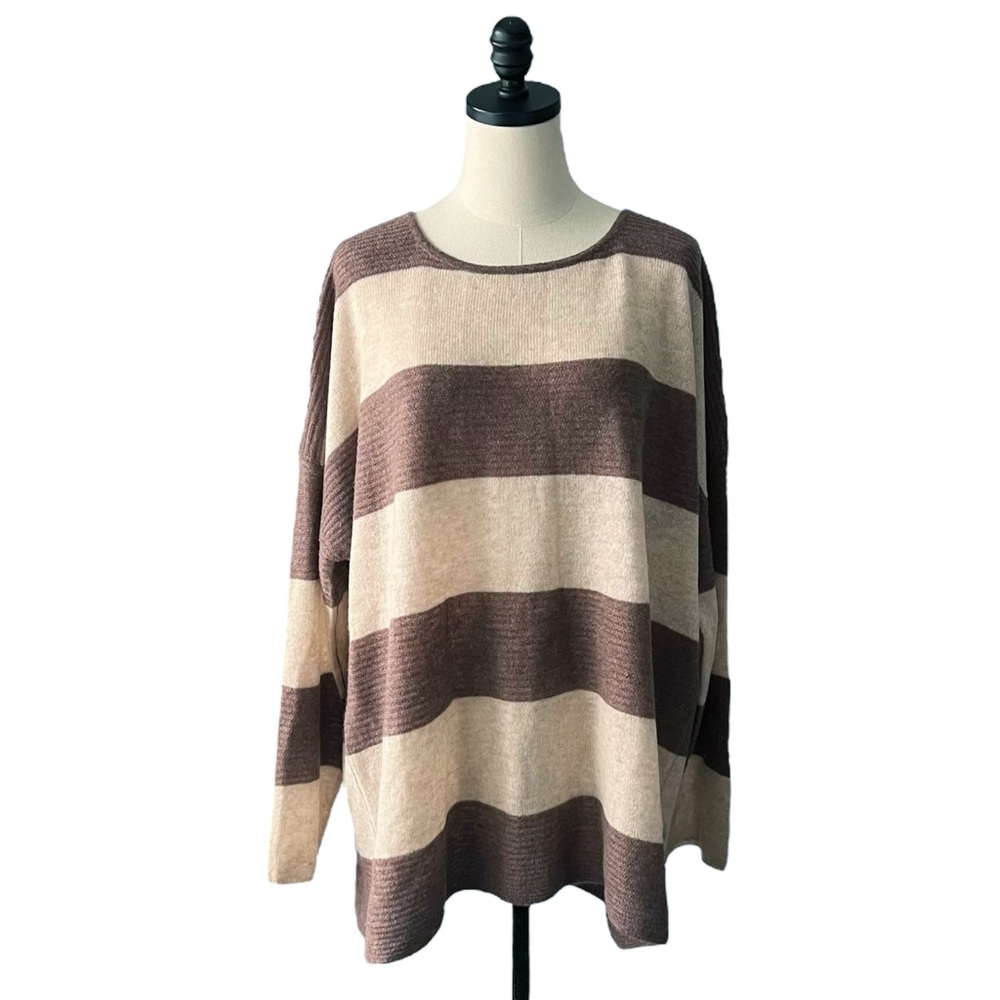 Lusso Logan Striped Brown/Tan Cashmere Sweater | 2X